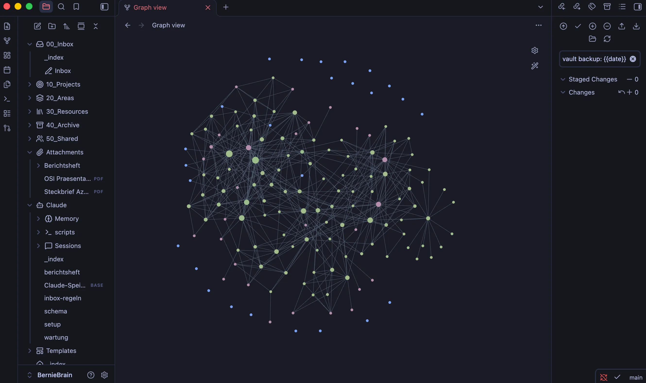 Obsidian graph view of the original vault: a dense network of linked notes with a few unlinked notes around the edge